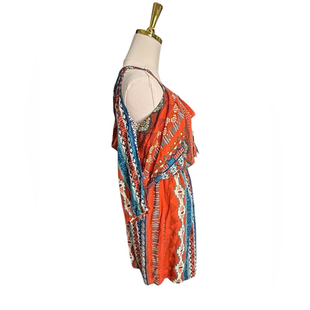 Hot & Delicious Rust & Teal Bohemian Midi Aztec Cold Shoulder Dress Size S - Picture 5 of 7